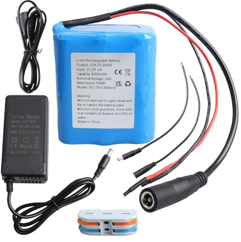 MXJFYY 24V 4000mAh Akku mit Ladegerät und Kabelanschluss, geeignet für DIY-Projekte, Solarstraßenlaternen, Überwachungskameras, Lautsprecher, Sprühgeräte, Modelleisenbahnen, Boote und Spielzeugautos