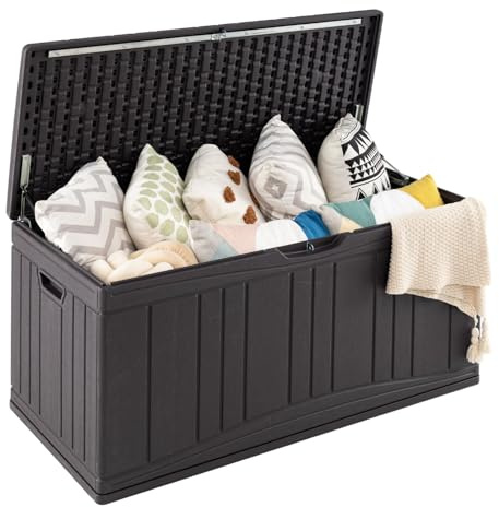 COSTWAY Baule da Esterno 300L in Resina (Marrone, 114x55x61 cm) | Cassapanca Contenitore Resistente all'Acqua con Pistoni a Gas, Attacco Lucchetto e 2 Maniglie Laterali, Funge da Seduta Extra