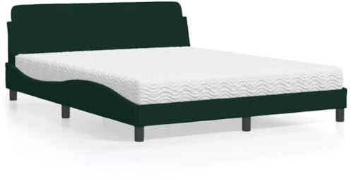 Kaloriko Dover Polsterbett Dunkelgrün 160x200 cm, Samtbezug, Wellen-Design, mit H2/H3 Schaumstoffmatratze, Metallrahmen, Kiefernholz, für Schlafzimmer
