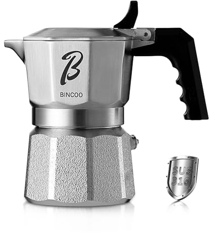 Bincoo Italian Moka Pot - Stovetop Espresso Maker for Rich Coffee,316 Stainless Steel - Three-Valve Pressure Boosting Design (Silver (1 Cup))