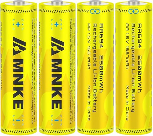 VENNERLI 4-Pack AA Rechargeable Lithium Batteries 1.5V High-Capacity 2500mWh, 1200+ Cycles USB-C with Rapid Charging for High-Drain Devices