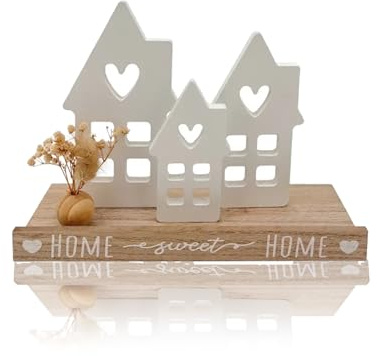 Holz‑Aufsteller Deko‑Set – 3 Häuser, Vase & „Home Sweet Home“ Schriftzug – liebevolle Tisch‑ & Wohnraumdeko aus Holz & Polyresin – ideal für Wohnzimmer, Flur & Schlafzimmer