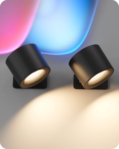 EDISHINE 2er Set Akku Wandleuchte, RGB LED kabellos, magnetisch abnehmbar | 360° drehbar, wiederaufladbare Wandlampe mit Fernbedienung und Timer, Touch dimmbar, ideal für Treppen und Bilder