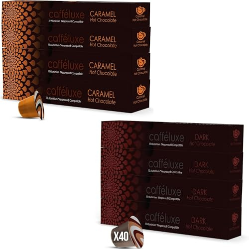 Caffeluxe Heiße-Schokolade-Kapseln, kompatibel mit Nespresso - Karamell & Dunkle Heiße Schokolade - 80 Kapseln