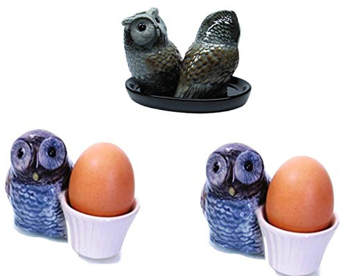 Frühstückssets : Eulen Set grau beige , Salz und Pfeffer & 2 Stk Eierbecher