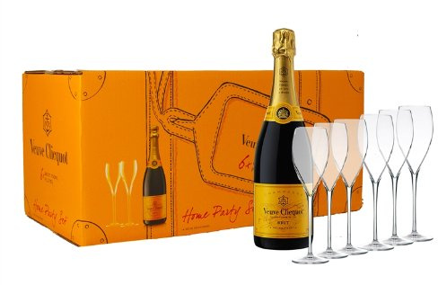 Veuve Clicquot Brut Champagne Plus Six Champagne Flutes Party Pack NV 75 cl (Case of 6)