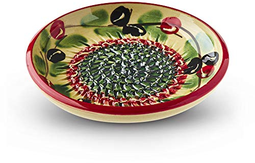 Garlic Grater Plate. (#Ref 14). Handmade and Hand Painted in Cordoba, Spain. Yellow Plate with Green and Red Circles and Red Rim, Olive Pattern.