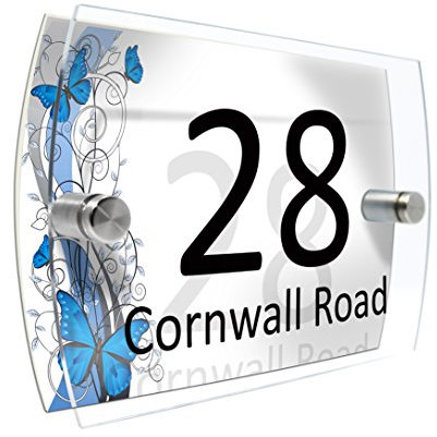 Personalised House Number Sign Printed Plaque Garden Glass Effect Acrylic Sign Door Plate Marble Wall Display 2 Part Branded Acrylic (Branches and butterflies)