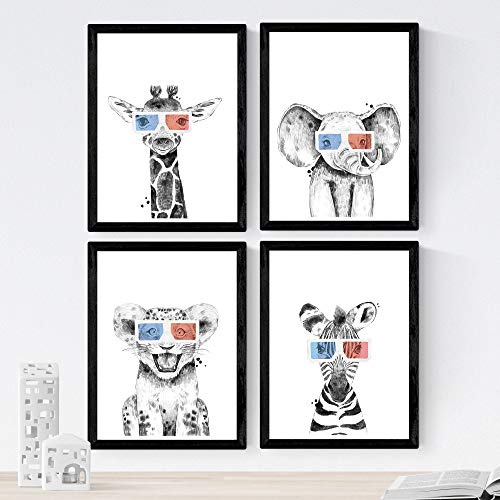 Nacnic Set von 4 Poster „Tiere mit 3D-Brille“. Porträt Stil Wanddekoration von Tieren mit 3D-Brillen. Kreative sortierten Bilder von niedlichen Tieren. A4 Größe, rahmenlos.