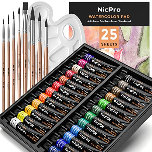Nicpro Aquarellfarben Set, 24 Tuben x 12 ml Professionelles Malzubehör Set, Hochwertige Wasserfarben, 8 synthetische Eichhörnchenpinsel, 25 Aquarellpapier, Palette, Farbrad für Künstler, Erwachsene