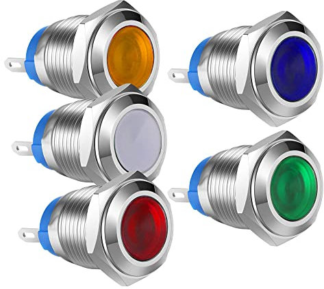 Gebildet 5pcs 12mm AC/DC 12-24V Edelstahl Wasserdicht LED-Kontrollleuchte und in 5Farben Rot/Orange/Blau/Grün/Weiß