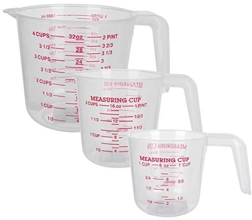 AHUNTTER 3PCS Clear Plastic Measuring Jugs Set 1L 500ml 250ml for Baking Cooking, Large 4-Cup 2-Cup Small 1-Cup Capacity, Microwave Safe BPA-Free Plastic Jugs with Handle - Clear Measurements