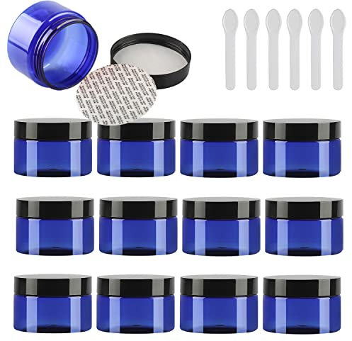 TIANZD 24 Pièces Vides Petit 150 ml Bleu Cosmétique Pot en Plastique avec Couvercle Noir 150 g Pots de Cosmétique Crème de Bouteille Contenant avec 6x Spatules