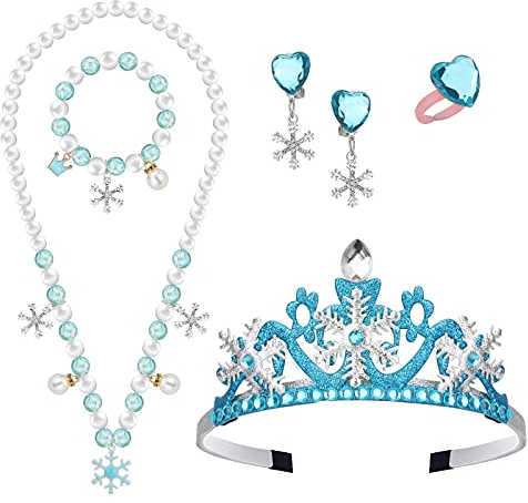Hifot ELSA Kinder Schmuckset Prinzessin Krone, Schneeflocke Armband Halskette Ohrringe Ring Geschenk für Mädchen, ELSA Kostüm Zubehör für Halloween, Geburtstag, Karneval, Geschenk, Partyzubehör
