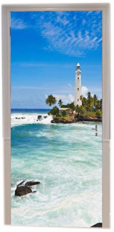 A.Monamour Türtapete Selbstklebend Türfolie Türposter 3D Leuchtturm In Dondra Sri Lanka Tropischen Insel Palmen Strand Vinyl Folie Türdeko Tapete Wandbild Türaufkleber Türtattoo 90 x 200 cm