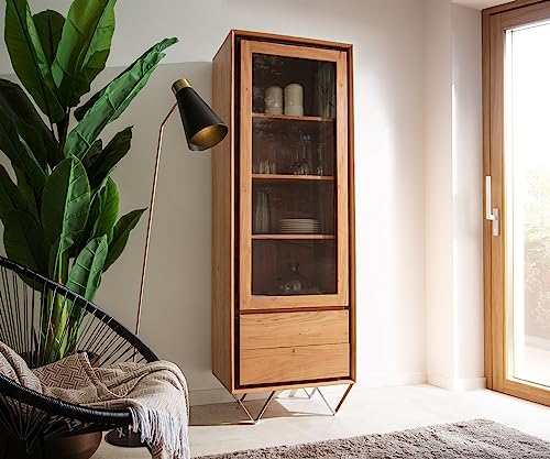 DELIFE Glasschrank Stonegrace Akazie Natur 55x180 1 Tür 2 Schubladen Steinfurnier V-Fuß Vitrine