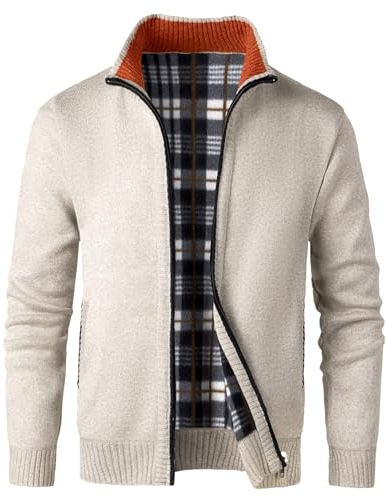 KTWOLEN Herren Strickjacke Cardigan Feinstrick Mit Stehkragen Und Reißverschluss Fleece-gefüttert Wintermantel Sweatjacke Langarm Winterjacke, C-Beige, XL
