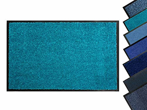 Primaflor - Ideen in Textil Blaue Fußmatte - Schmutzfangmatte - Türkis - 40 x 60 cm - Waschbare Eingangsmatte - Rutschfester Türvorleger - Sauberlaufmatte für Innen & Außen