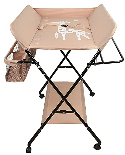 Table a Langer Pliante, Table à Langer Réglable en Hauteur avec Panier de Rangement, Ceinture de Sécurité et 4 Roues avec Frein (rose clair)