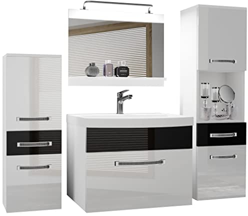Belini Badezimmer Badmöbel Set Vollausstattung mit Waschbecken Unterschrank Waschtisch Spiegel Lampe Möbel Weiß Schwarz Glänzend