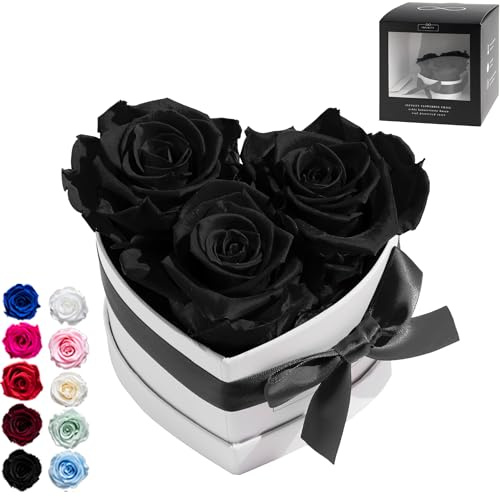 Infinity Flowerbox Small Herz - 3 echte Premiumrosen in Schwarz - 3 Jahre haltbar ohne gießen | In Geschenkverpackung mit Satinschleife