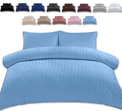 TheWhiteWater King Size Bed Duvet Set - 2 in 1 Seersucker Bedding Set – King Size Duvet Cover + 2 Matching Pillowcases - Natural Cotton + Virgin Polyester (Duck Egg, King - Duvet Cover ONLY)
