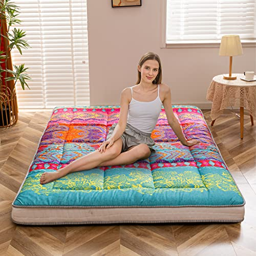 MAXYOYO Böhmische Retro Futon Matratze - Vintage Blumenmuster japanische Bodenmatratze - rollbar verdicken Gästebett, Schlafbett, tragbare Campingbett, Tatami Matte (Dick-Bohemian B, 150 x 200 cm)