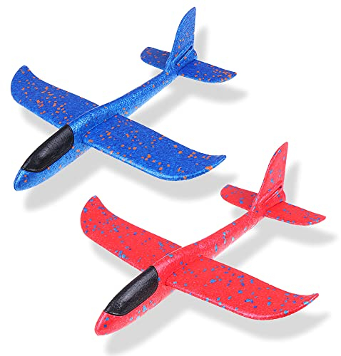 Maigendoo 2 Packs Large Airplane Toy, Foam Plane Gliders, Manual Throwing Foam Plane, Dual Flight Mode Aeroplane Toys for Boys Girls Outdoor Sport Game, Kids Birthday Party Favors, Red Blue