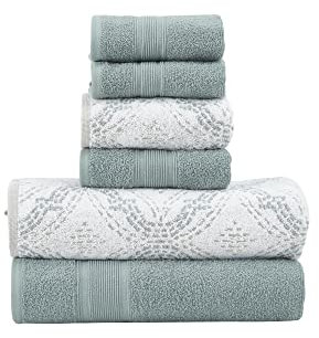 Modern Threads Capri 6-teiliges wendbares Jacquard-Handtuch-Set – Badetücher, Handtücher und Waschlappen – super saugfähig und schnell trocknend – 100% gekämmte Baumwolle, Efeu