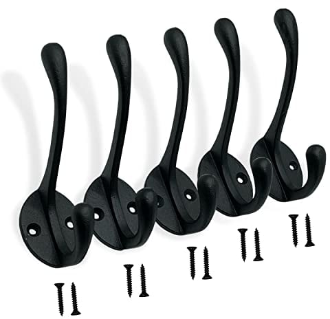 EDENIC Cast Iron Black Coat Hooks - 5 Pack with 10 Screws, Easy to Install, Durable and Stylish Heavy Duty Wall Mounted Hooks for Door, Entryway, Bedroom, Bathroom