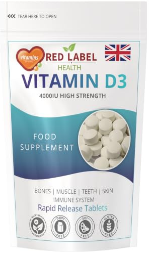 Red Label Health Vitamin D3 4000 IU, Pack of 120 Vitamin D Tablets (4 Months Supply), Healthy Teeth & Bones, Supports Immune System, High Strength Vitamin D Supplement for Men & Women, UK-Made