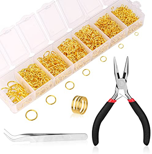 1170 Pcs Gold Jump Rings Jewellery Making Kits for Jewelry Repair | 7 Sizes (4mm, 5mm, 6mm, 7mm, 8mm, 10mm) Round Rings with Openner,Plier,Tweezer,Jewellery Findings for Necklace, Bracelet
