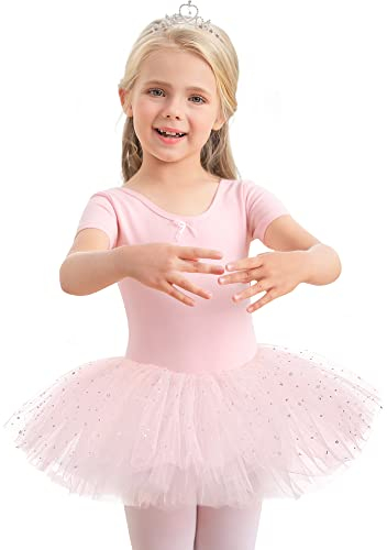 Aiseyi Ballettkleidung Ballettkleid Mädchen Pailletten Ballett Tütü Kinder Baumwolle Tanzkleid Kurzarm Balletttrikot Ballettanzug Ballett kleider Ballerina Tutu 4-5 Jahre