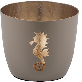 Seaside No.64 - Maritime Windlichter Baltic aus Metall mit ausgestanzten Motiven - Verschiedene Farbkombinationen für Teelichter & Stumpenkerzen in Haus und Garten (Seepferdchen - Sand, Gold)