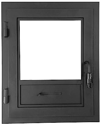 Einflügelige Räucherkammertür 45 x 78 cm, Kamintür mit Glas für Pizzaofen, Gusseisen, Öffnungsrichtung: links | Griff ist rechts
