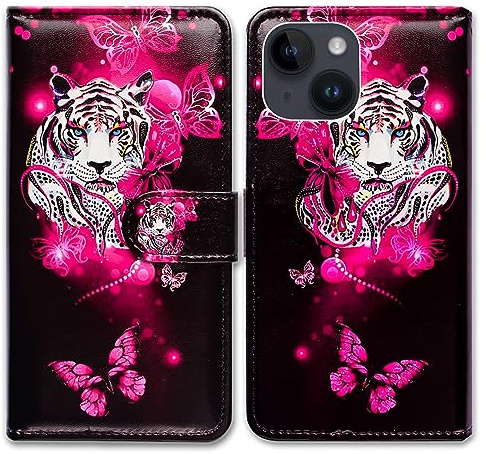 Bcov Case for iPhone 15,White Tiger Butterfly Leather Flip Phone Case Wallet Cover with Card Slot Holder Kickstand For iPhone 15