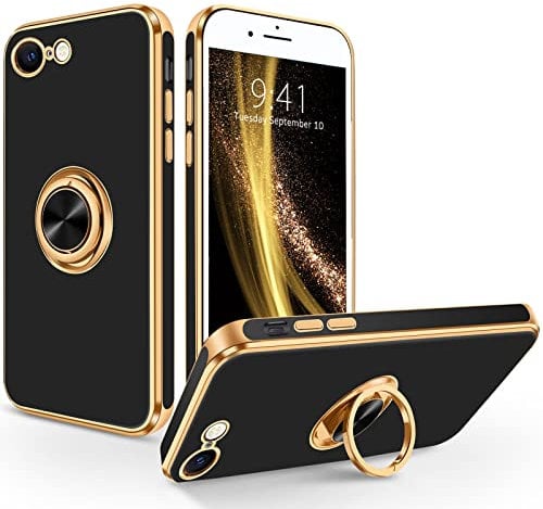 SouliGo iPhone SE 2022 Case iPhone SE 2020 Case iPhone 8 Case iPhone 7 Case 360° Ring Holder Kickstand for Magnetic Car Mount Luxury Plating Soft TPU Anti-Scratch Protective Bumper, Black