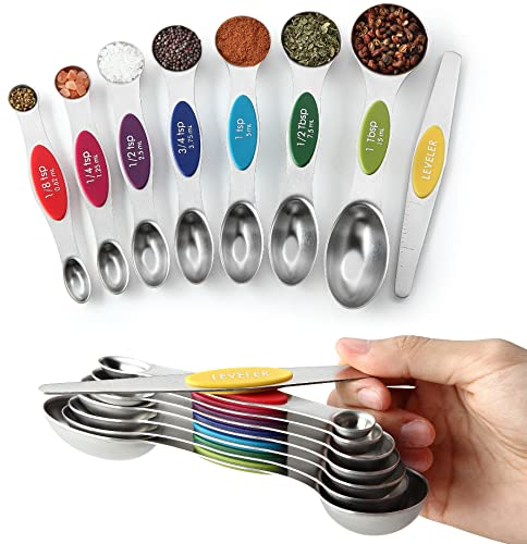 Ezweiji Lot de 9 tasses à mesurer et cuillères doseuses magnétiques en acier inoxydable - Double tête - Avec verre doseur gradué - Poignée avec épaisseur améliorée - Multicolore