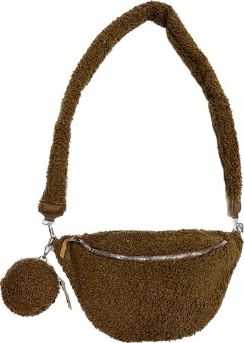J26 XL Teddyfell Gürteltasche Crossbody Bauchtasche Umhängetasche Kuschelisch Gurt (Braun)