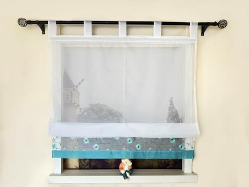 Devola Raffrollo mit Schlaufen Raffgardine Stickerei Schlaufenrollo Transparent Gardinen Kurz Landhaus Küchengardinen Vorhänge HxB 150x120cm Türkis 1 Stück