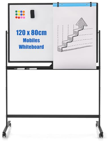 COSTWAY Doppelseitiges mobiles Whiteboard, 120 x 80 cm, höhenverstellbares magnetisches Whiteboard mit Rollen, Ständer und Stiftablage, inkl. Zubehör für Schule, Büro, Zuhause