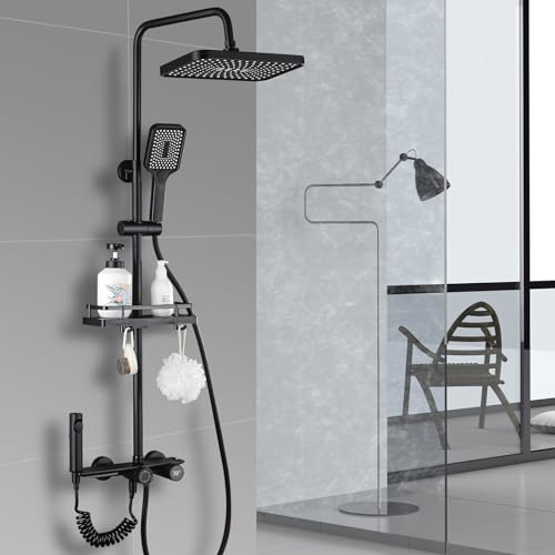 Dnkelar Regendusche Duschsystem mit Duscharmatur, Komplettset Set Duschstange mit Brause Duschkopf mit Schlauch und Halterung (Ohne Thermostat-3)