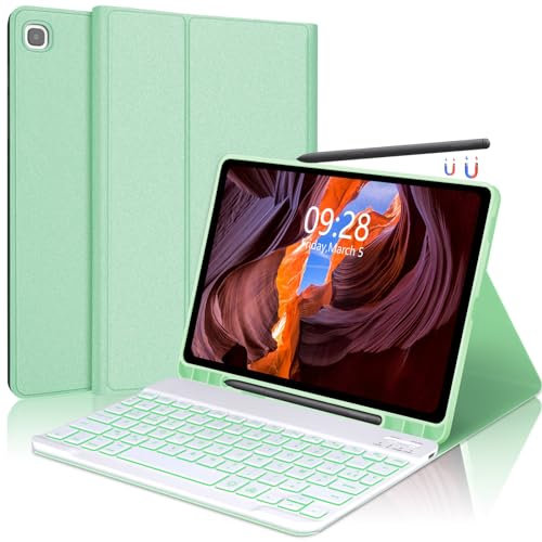 SENGBIRCH Coque Clavier pour Samsung Galaxy Tab S6 Lite 10,4 - AZERTY Français Clavier rétroéclairé 7 Couleurs sans Fil Bluetooth pour S6 Lite 10,4 (SM-P610/P615/P613/P619), Vert Clair