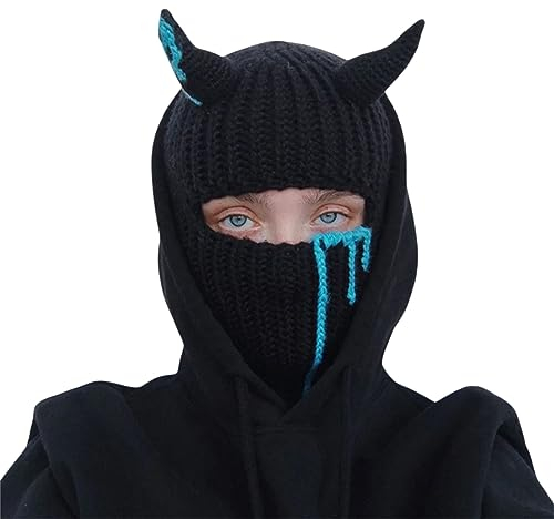 Aunaeyw Knit Y2k Mütze mit Teufelshorn, 1 Loch, Sturmhaube, gehäkelt, Shiesty, Skimaske, Winter, warm, winddicht, Beanie-Mütze, Grunge-Zubehör (schwarze, blaue Seide, Einheitsgröße), Schwarz-blaue