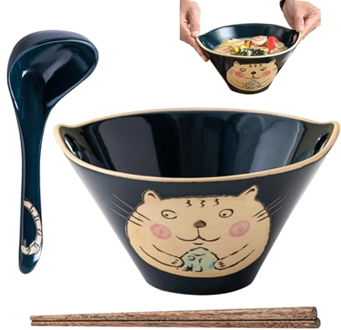 Ramen Bowl with Chopsticks,Ramen Bowl Set, 27 OZ Noodle Bowl with Chopsticks & Spoon, 8'' Ceramic Bowl Japanese Cat Pattern Soup Bowls with Chopsticks Holder Dishwasher & Microwave Safe