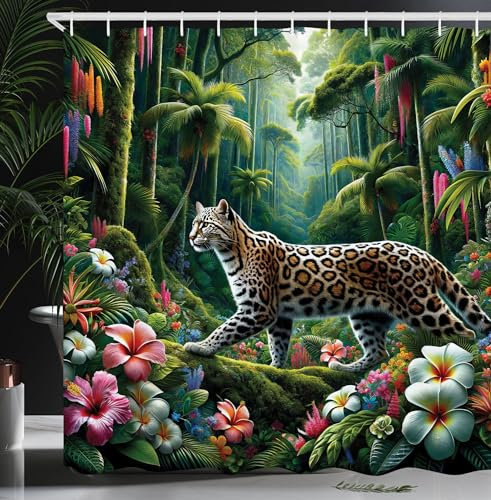 ABAKUHAUS Katze Duschvorhang, Wildleopard in Einer bunten Florale Dschungel Regenwaldpalmen exotisches Konzept, Stoffliches Gewebe Badezimmerdekorationsset mit Haken, 175 x 220 cm, Grün Mehrfarbig