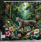 ABAKUHAUS Katze Duschvorhang, Wildleopard in Einer bunten Florale Dschungel Regenwaldpalmen exotisches Konzept, Stoffliches Gewebe Badezimmerdekorationsset mit Haken, 175 x 220 cm, Grün Mehrfarbig