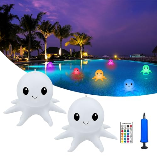 Idota 2 Stück Solar Schwimmende Poolbeleuchtung Octopus, Schwimmende Poolbeleuchtung LED Pool Lichter mit Fernbedienung, IP68 Wasserdichte Solarlichter für Garten, Schwimmbad, Strand - 16 WRGB Farben