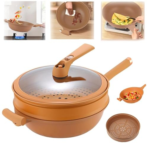 Wok de arcilla antiadherente con cesta de vapor, olla de presión multifuncional de arcilla de cerámica con tapa, olla de micropresión antiadherente para cocinar versátil