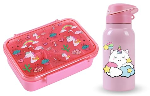 I-Drink - Kit Lunchbox + Borraccia Termica in Acciaio Inox 350ml - per Bambini - Porta Merenda - Picnic, Gite e Scuola - con Disegni di Infanzia (Unicorno Termico)
